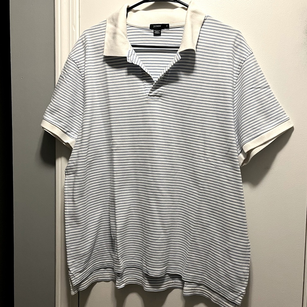 J. Crew Men’s XL Blue White Striped Short Sleeve Polo Shirt Nautical Preppy